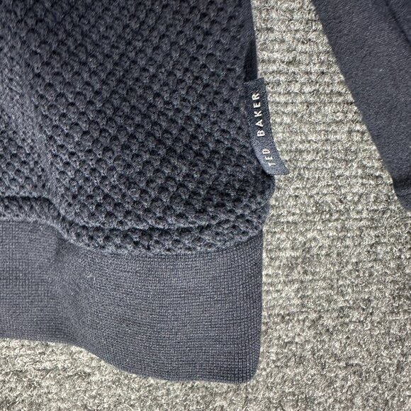 Ted Baker Sweater Mens US 46 Ted 7 Blue Textured Cotton 1/4 Zip Rib Cuffs Pullov - Picture 3 of 8